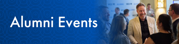 Text overlayed on an image of people networking at a professional event, reading "Alumni Events".